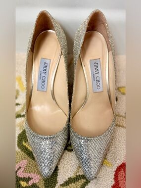 JIMMY CHOO Romy 60 Silver Gold Coarse Glitter Pointed Toe Pumps Heels - IT 37